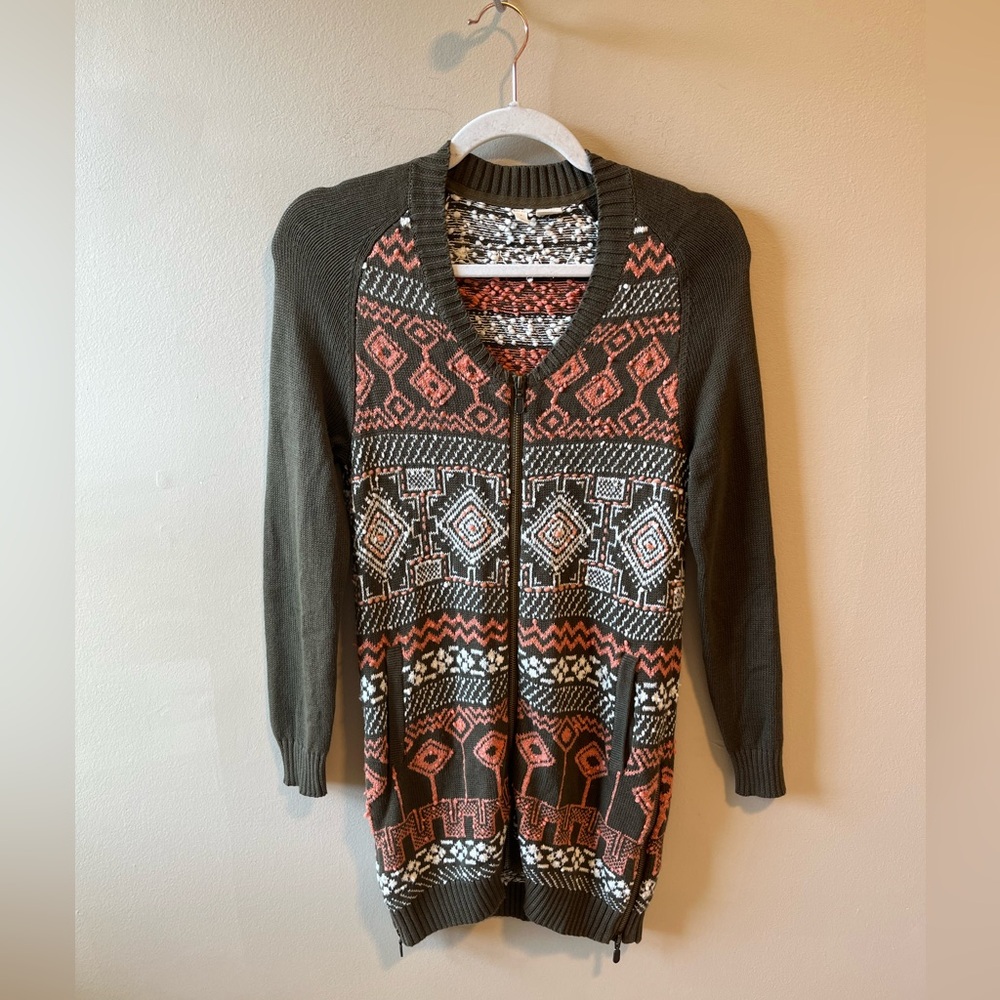 Moth Anthropologie green embroidered zip up cardigan sweater size XS Petite XSP